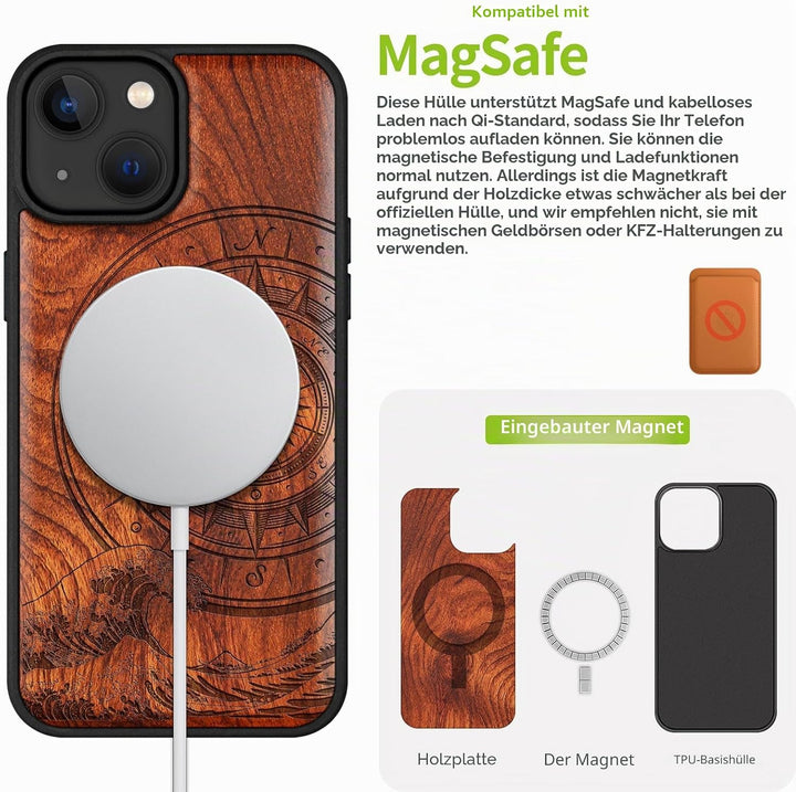 Carveit Holz Handyhülle für iPhone 15 Handyhulle kompatibel mit MagSafe Massivholz für Apple 15 Hand