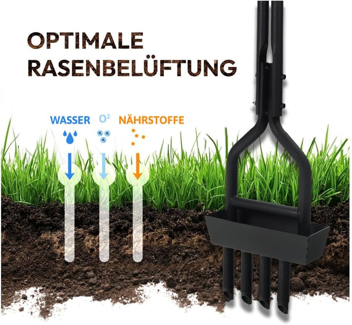 Dönges Rasenlüfter manuell - 4 Zinken aus Stahl + Kernsammelrahmen - Hand-Aerifizierer für Moosreduz