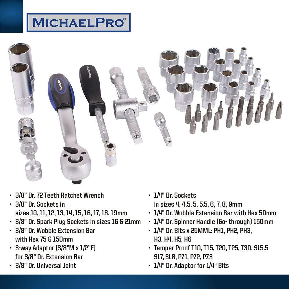 MichaelPro 3/8" Dr.72T Steckschlüssel-Ratschenschlüssel-Set mit metrischen Stecknüssen und Bits, Wob
