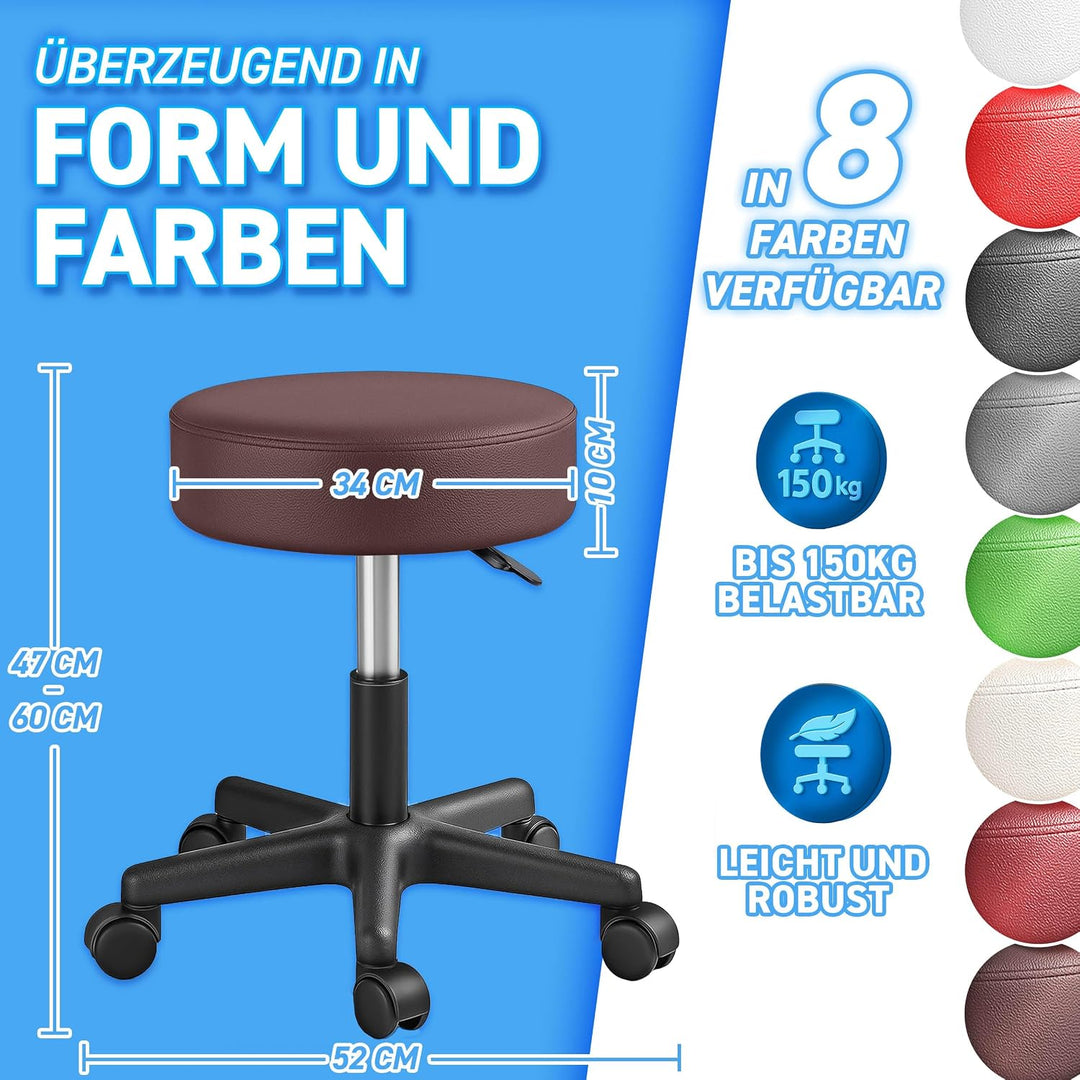 TRESKO® Rollhocker höhenverstellbar 10 cm Dicke Polsterung bis 150 kg | Hocker 47-60cm | Arbeitshock