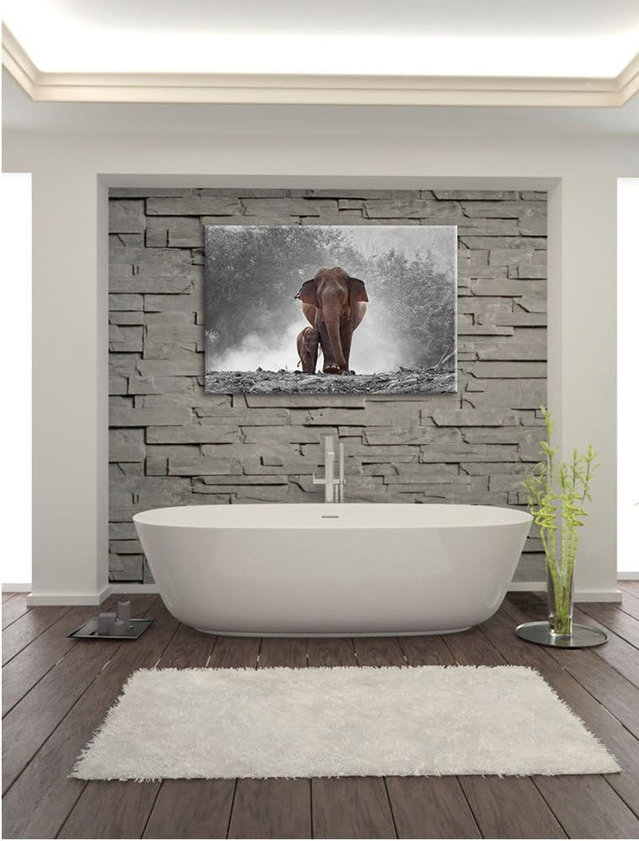 Pixxprint Elefanten Baby Mama / 100x70cm Leinwandbild bespannt auf Holzrahmen/Wandbild Kunstdruck De