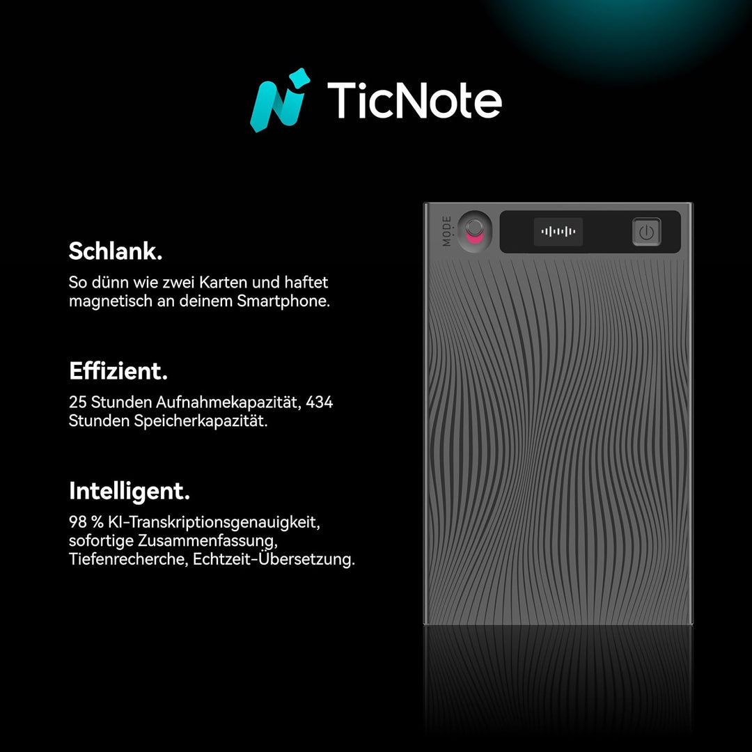 Mobvoi TicNote KI Digitales Diktiergerät, 64 GB Speicher, Notizrekorder mit Hülle, App-Steuerung, üb