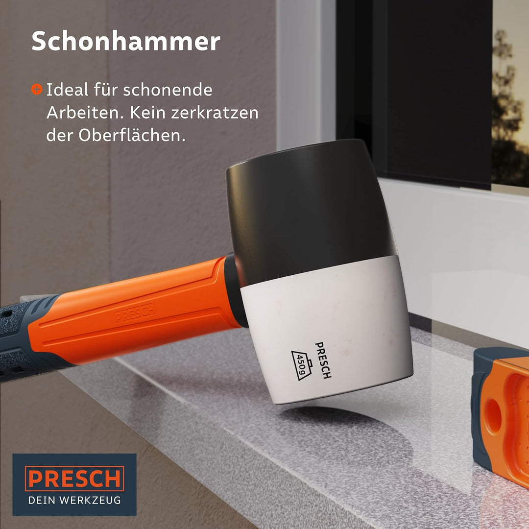 Presch Gummihammer Schwarz/Weiss 450g - Hartgummihammer mit Fiberglasstiel | ⌀=55mm - Allround-Gummi
