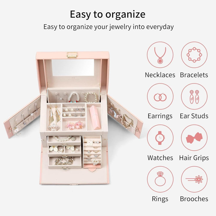 Vlando Faux Leather Jewellery Box, Hochleistungs-Schmuck-Organizer Aufbewahrungsbox mit 3 Schubladen