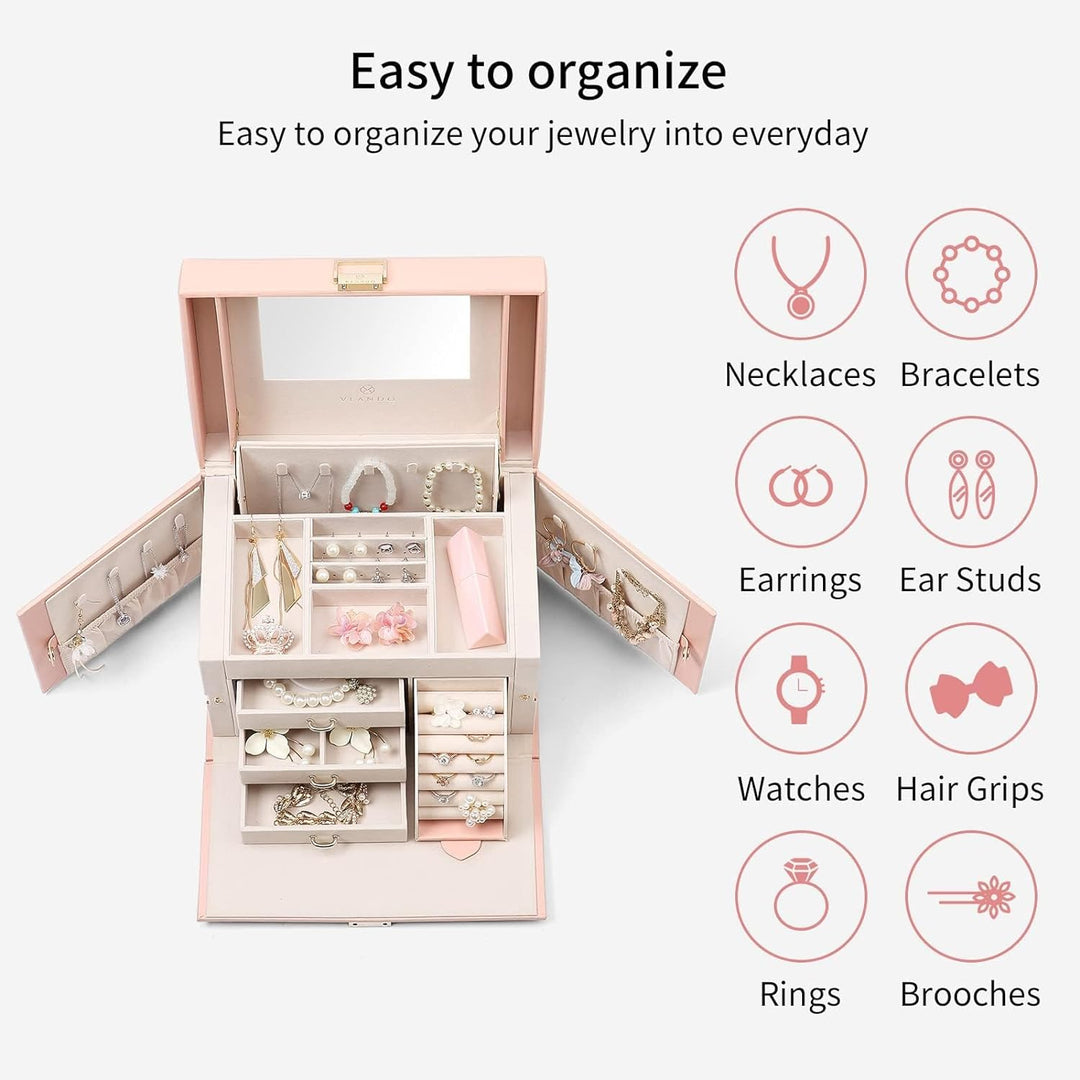 Vlando Faux Leather Jewellery Box, Hochleistungs-Schmuck-Organizer Aufbewahrungsbox mit 3 Schubladen