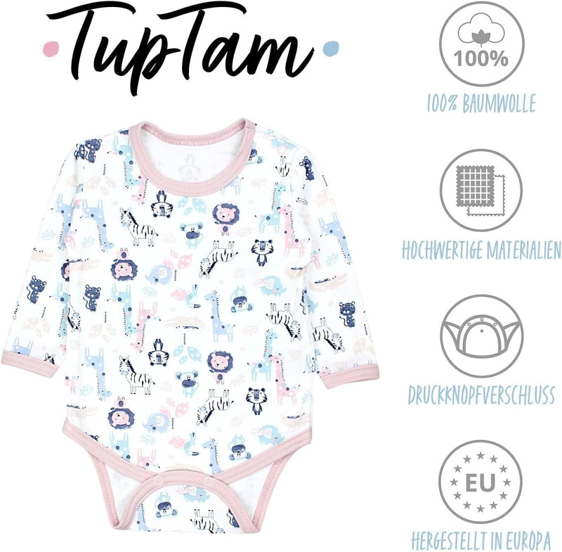 TupTam Mädchen Baby Body Langarm Unifarben 5er Pack 74 Weiss Sterne Rosa Grau Safari Pink, 74 Weiss