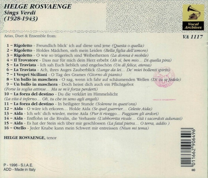 Helge Rosvaenge Sings Verdi, Audio-CD