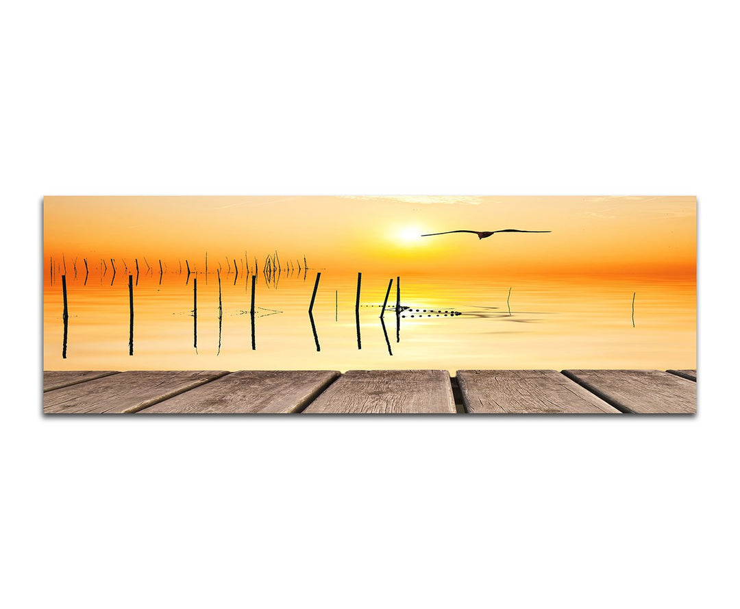 Paul Sinus Art Panoramabild auf Leinwand und Keilrahmen 150x50cm Meer Holzsteg Möwe Sonnenuntergang