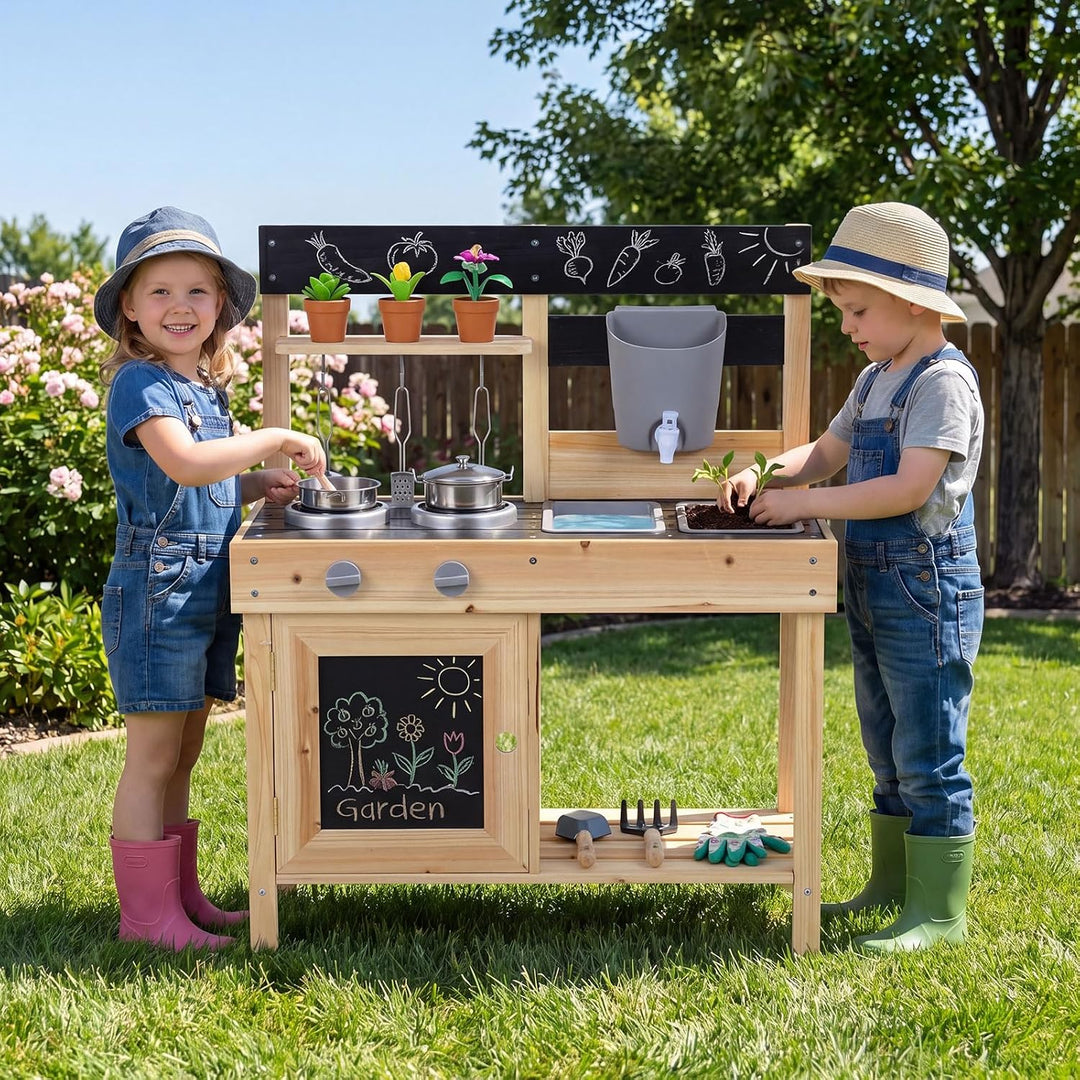 FANTASK Matschküche Kinder, Holz-Spielküchenset mit Wassertank, Herd, Kreidetafel &amp; Spüle, Kinderküc