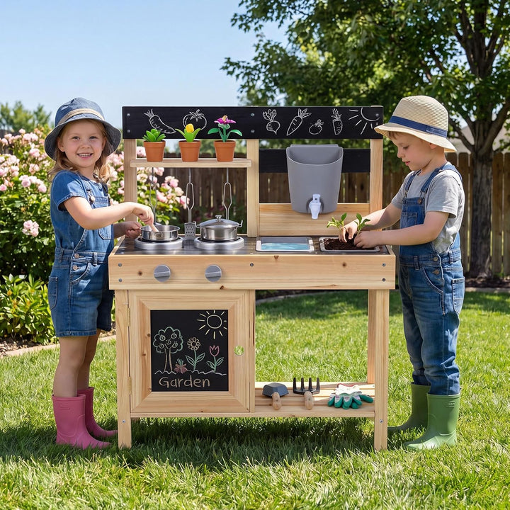 FANTASK Matschküche Kinder, Holz-Spielküchenset mit Wassertank, Herd, Kreidetafel &amp; Spüle, Kinderküc