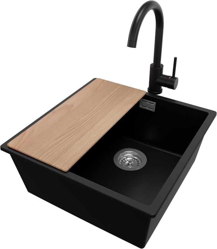 PRIMAGRAN Granitspüle Schwarz 46x47cm, Spülbecken 1 Becken + Ablauf-Set + Küchenarmatur 32x20cm + Sc