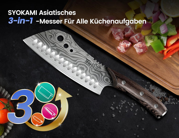 18 cm Küchenmesser mit Kräuterstripper, Asiatisches 3-in-1 Messer kombiniert Hackmesser, Fleischerme