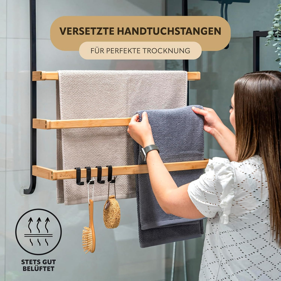 eluno Handtuchhalter für die Glasduschwand aus Metall und Bambus, Handtuchhalter mit 3 Handtuchstang