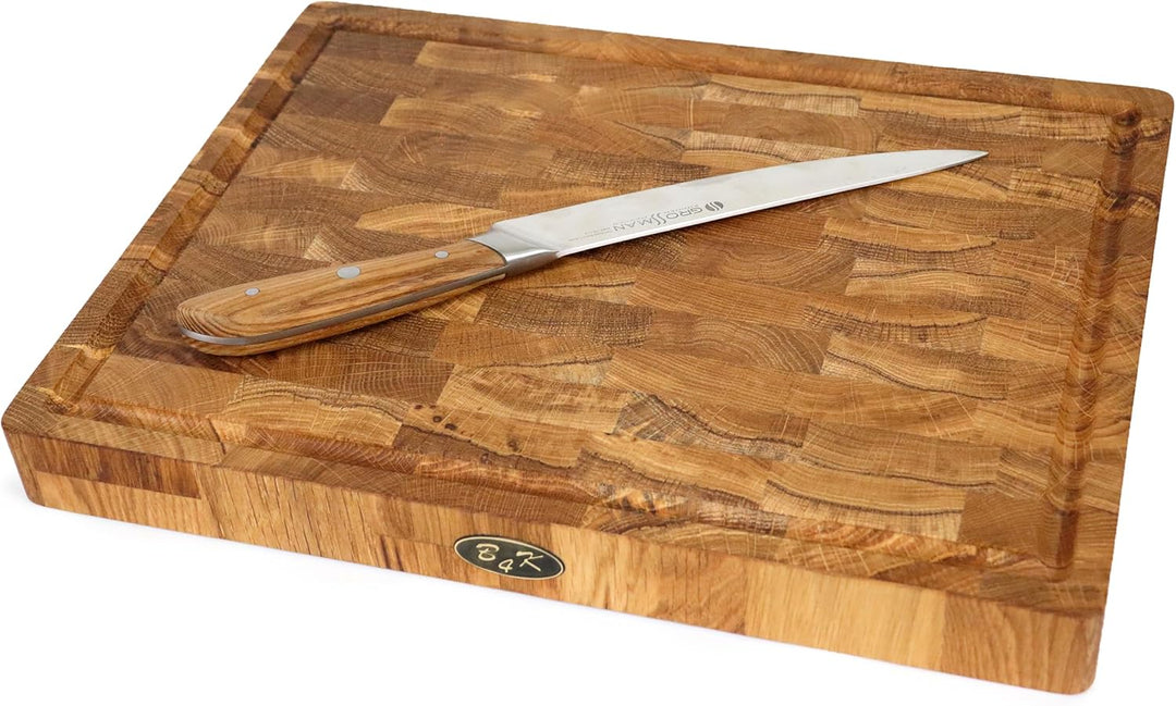 B4K® 40х30х4cm Küchenbrett aus Eiche Stirnholz | Antibakterielles Hirnholzbrett mit Griffen, Silikon