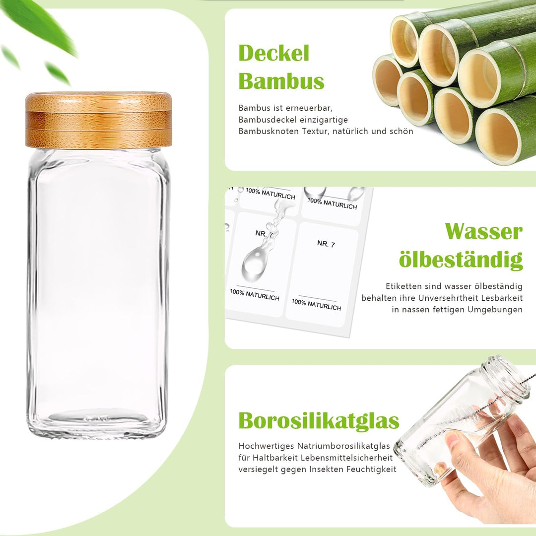 Umweltfreundlicher Bamboo-Deckel Gewürzgläser Eckig -Set,35Gewürzdosen Mit,Perfekte Organisation Küc