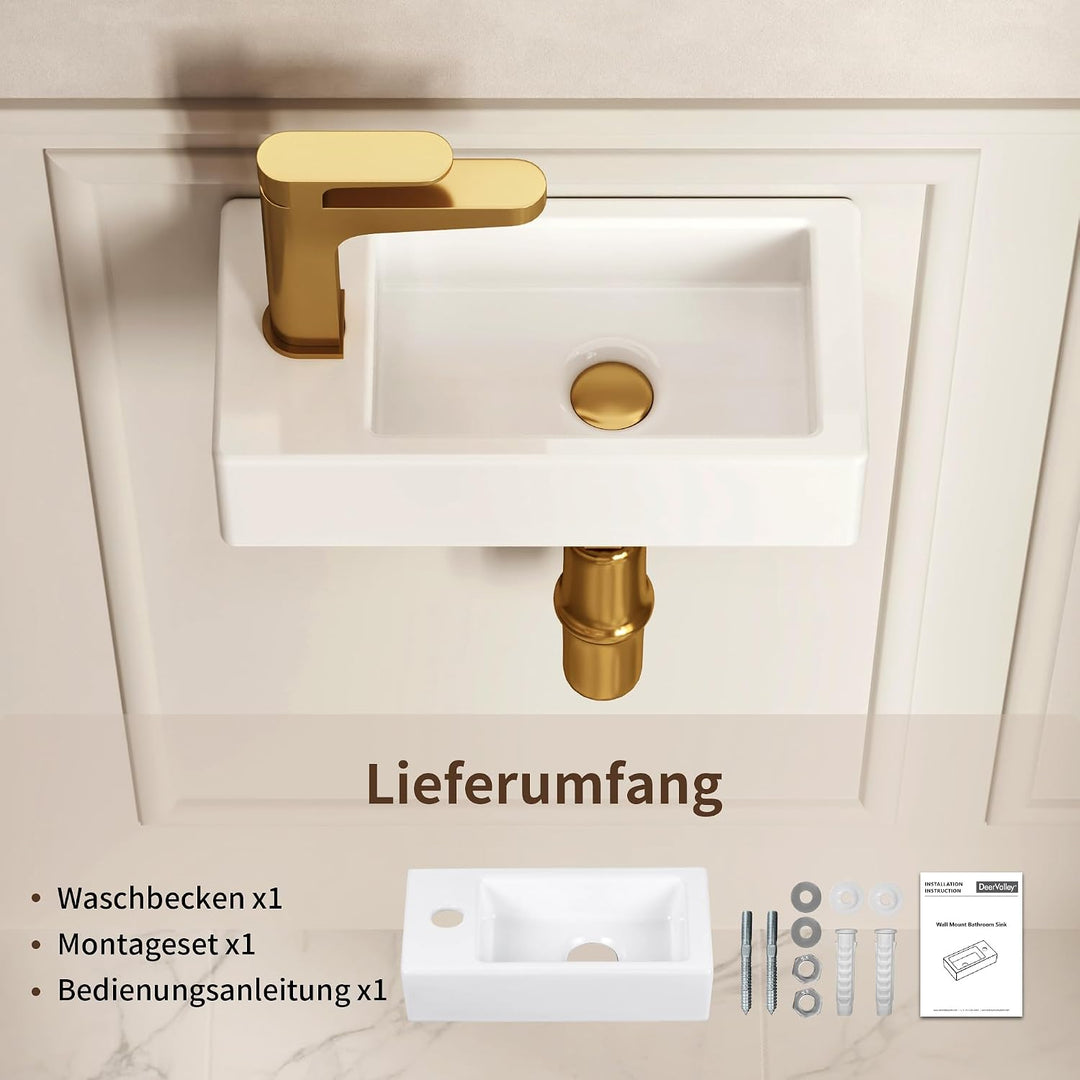 DeerValley DV-1V081L Badezimmerwaschbecken aus Keramik zur Wandmontage, Kleines Badezimmer, Weisses