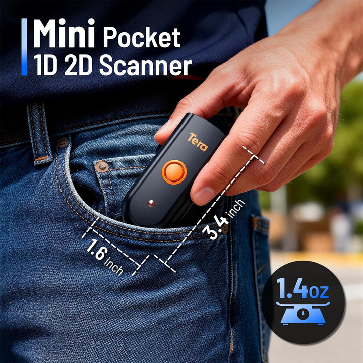 Tera Mini Tragbarer Barcode-Scanner CMOS Barcodescanner 3-in-1 Bluetooth & USB-Kabel & 2,4G Wireless