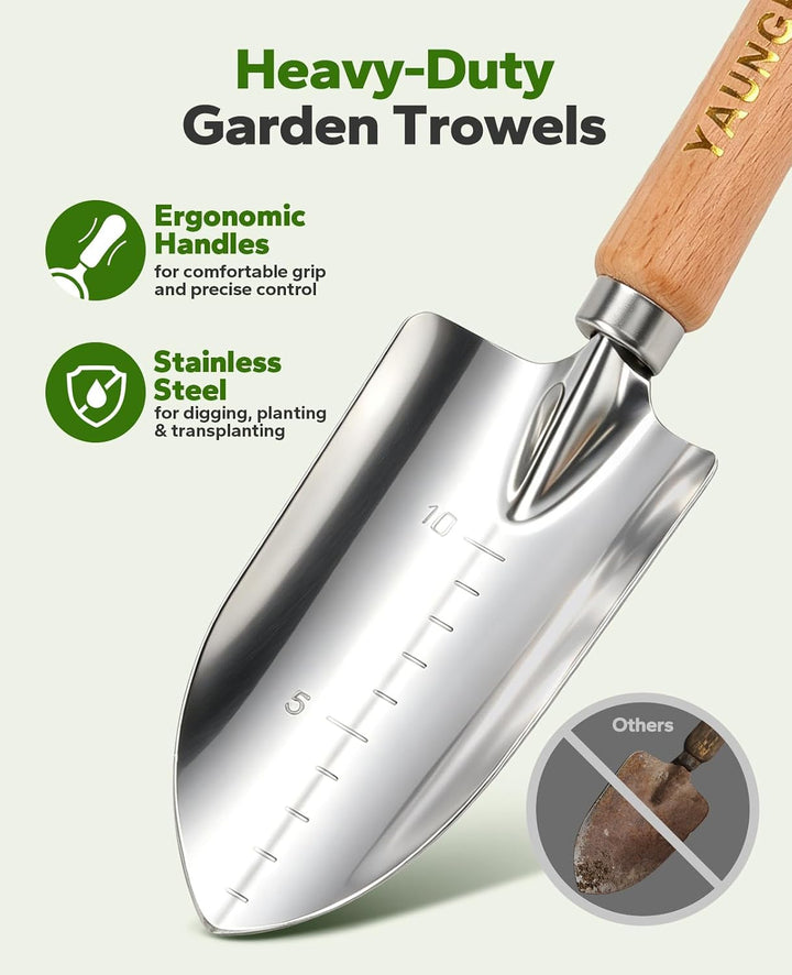 YAUNGEL Gartenwerkzeug Set, 10 Stück Schwerlast Edelstahl Gartenarbeit Kit mit Non-Slip Holzgriff- G
