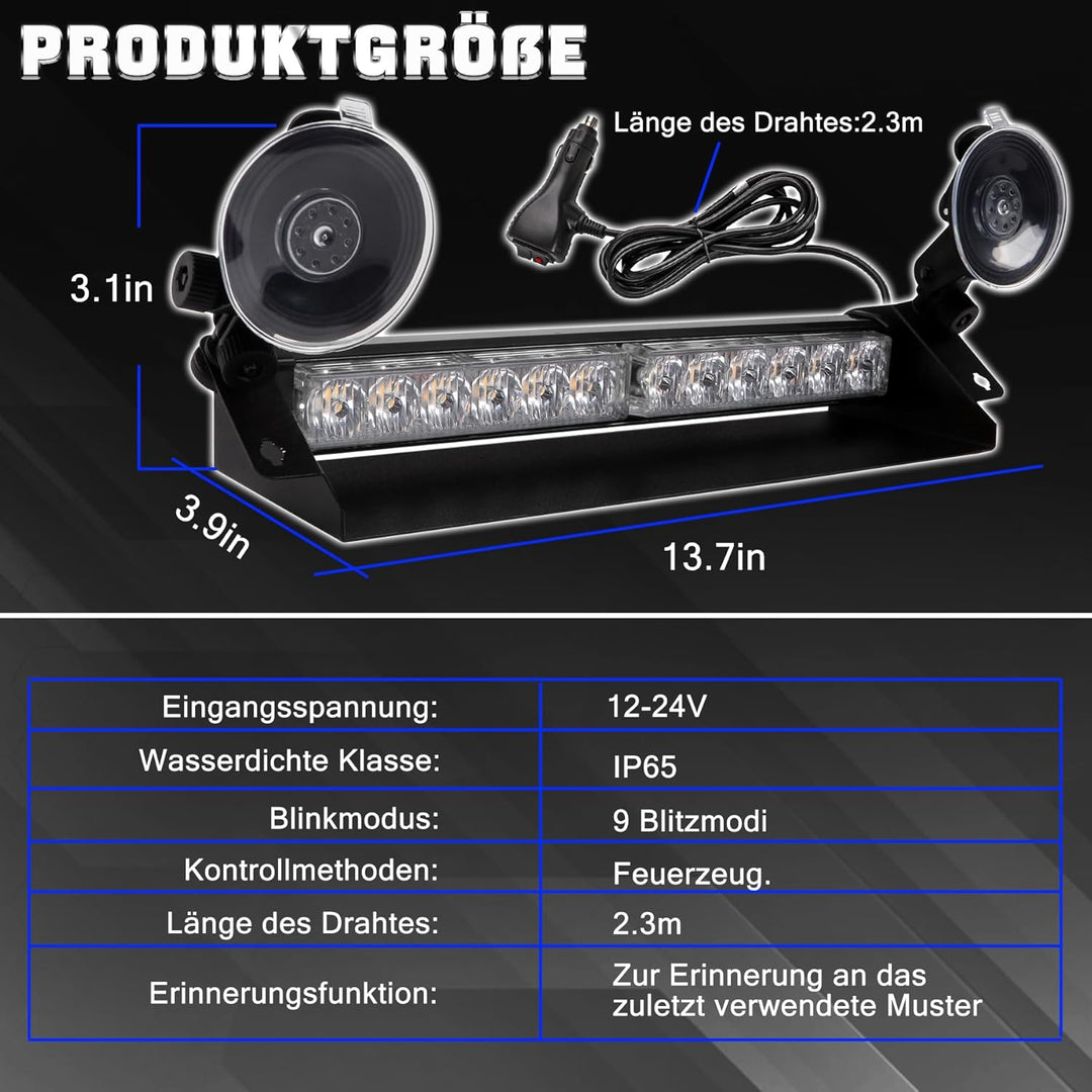 ROUTEKING LED Notfall-Warnleuchte 14 Zoll 12 LED 9 Blinkmodi 4 Saugnäpfe Hohe Intensität Blinkende W