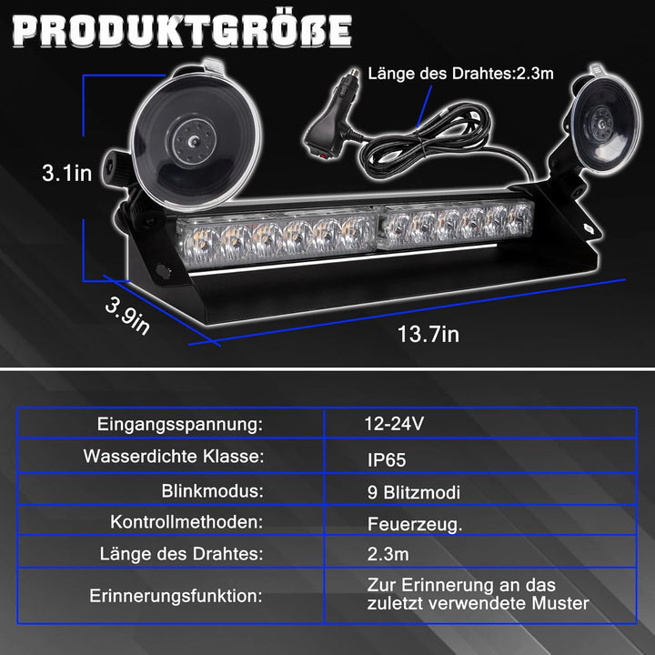 ROUTEKING LED Notfall-Warnleuchte 14 Zoll 12 LED 9 Blinkmodi 4 Saugnäpfe Hohe Intensität Blinkende W