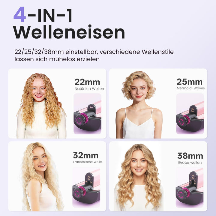 22/25/32/38mm Einstellbar Welleneisen für Haare - 4 In 1 Beach Waves Lockenstab, 3 Fässer Lockeneise