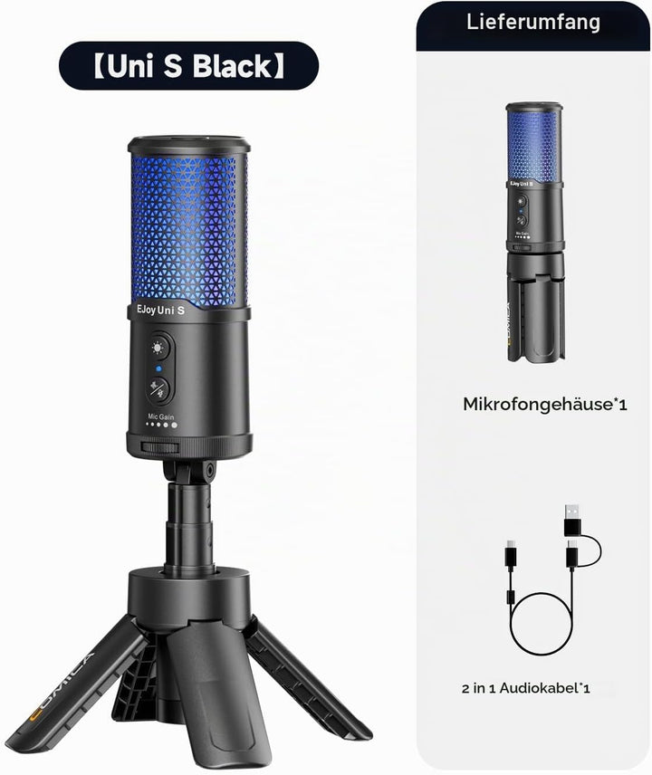 COMICA Ejoy Uni S USB Gaming Mikrofon mit RGB, 48kHz/24Bit, Noise Cancellation Kardioid-Kondensator