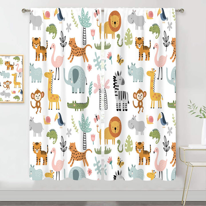 MESHELLY Cartoon-Safari-Dschungel-Tier-Vorhänge, 107x160 cm, Stangentasche, Wald, Wildtiere, Schlafz