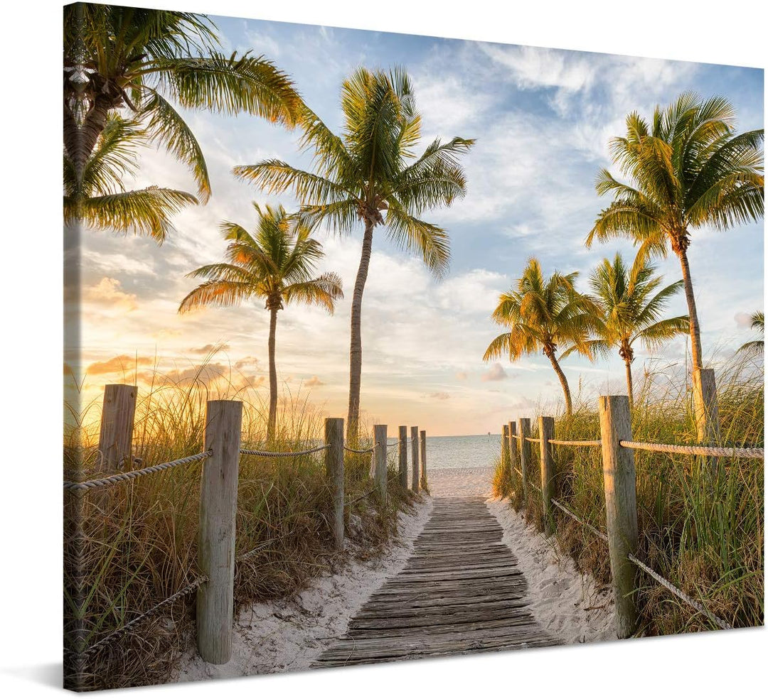 PICANOVA – Bild auf Leinwand Palmenweg zum Meer 100x75cm – Leinwandbild – Premium Leinwanddruck – Wa