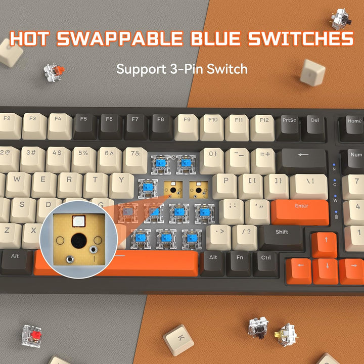 MAMBASNAKE K8 Bunte mechanische 3-Modu Tastatur, 2.4G kabellose Bluetooth Gaming Tastatur mit Spiral