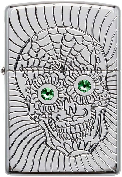 Zippo Armor Sugar Skull Design hochglanzpoliertes Chrom-Emblem angebrachtes Taschenfeuerzeug 49172 C