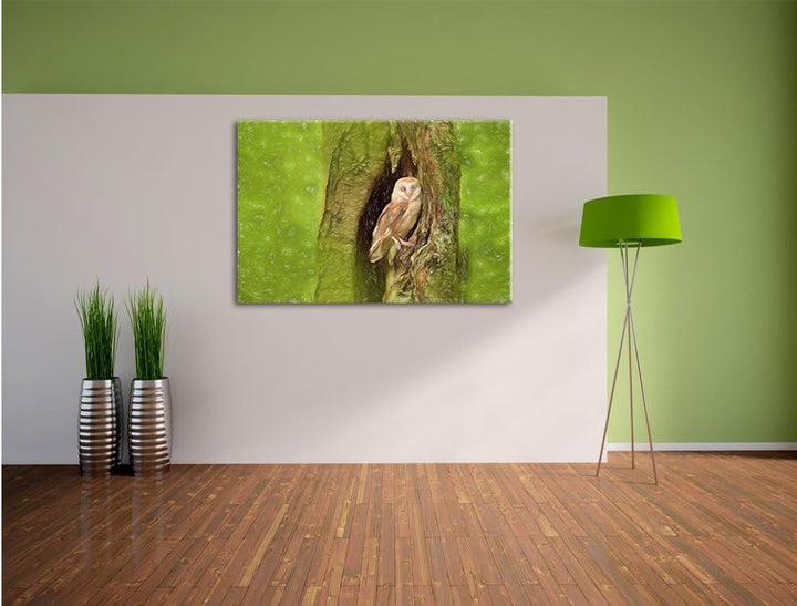 Pixxprint Schleiereule in der Baumhöhle Kunst Buntstift Effekt, Format: 100x70 auf Leinwand, XXL rie