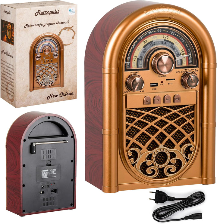 Retropolis New Orleans – Retro Radio mit Bluetooth 5.0, Tragbares Radio FM/AM/SW, 1200mAh Akku, USB/