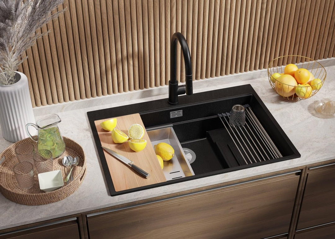 PRIMAGRAN Spülbecken Schwarz 78x53cm, Granitspüle 1 Becken + Ablauf-Set, Küchenspüle ab 80er Untersc