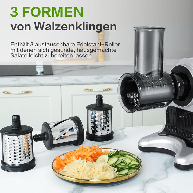 AMZCHEF 4-IN-1 Maschine - ①Entsafter / ②Gemüseschneider / ③Fleischwolf / ④Wurstmacher - Silber 4-IN-