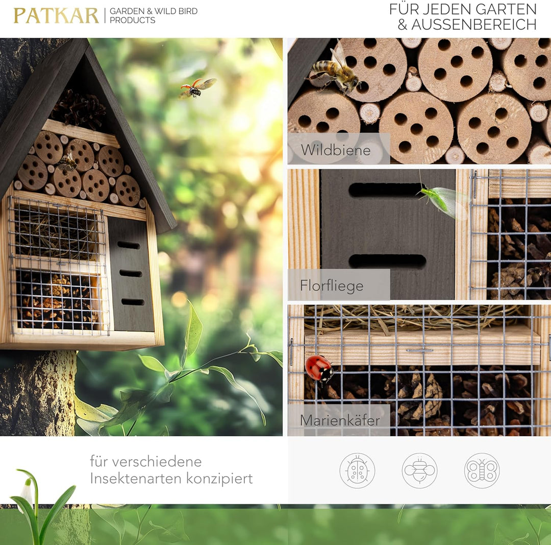PATKAR Insektenhotel wetterfest [EXTRA STABIL] - Hummelhaus aus hochwertigem Holz (Made in Europe) -