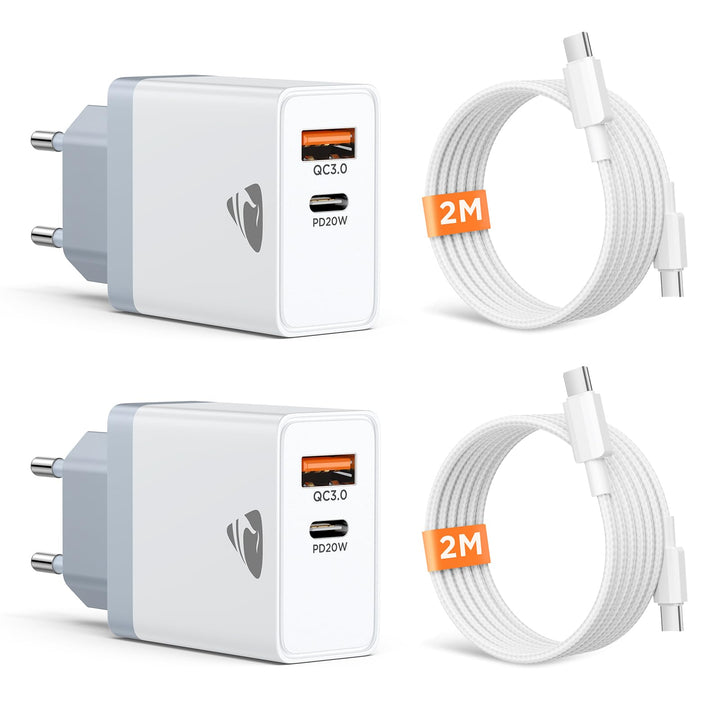 USB C Ladegerät, 2Pack USB C Netzteil Ladegerät Mehrfach mit USBC auf USBC Kabel 2M, 20W Schnelllade