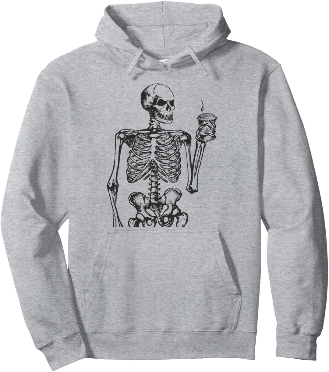 Halloween Gothic Skeleton Drinking Coffee Goth Black Skull Pullover Hoodie