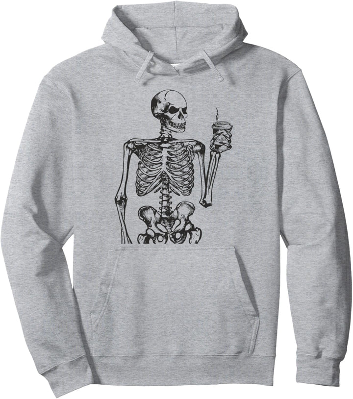 Halloween Gothic Skeleton Drinking Coffee Goth Black Skull Pullover Hoodie