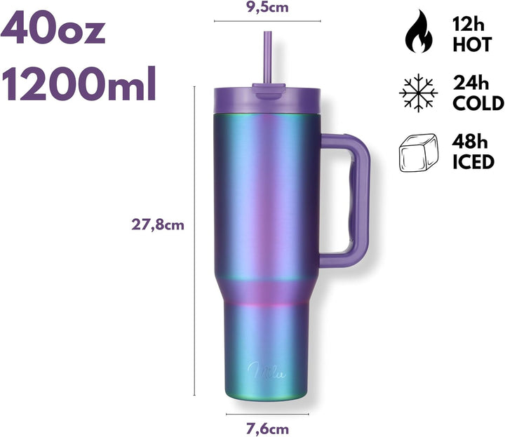 Milu Thermobecher 1200ml mit Strohhalm und Henkel – 48h Eis/24h kalt/12h heiss Edelstahl Tumbler 40o