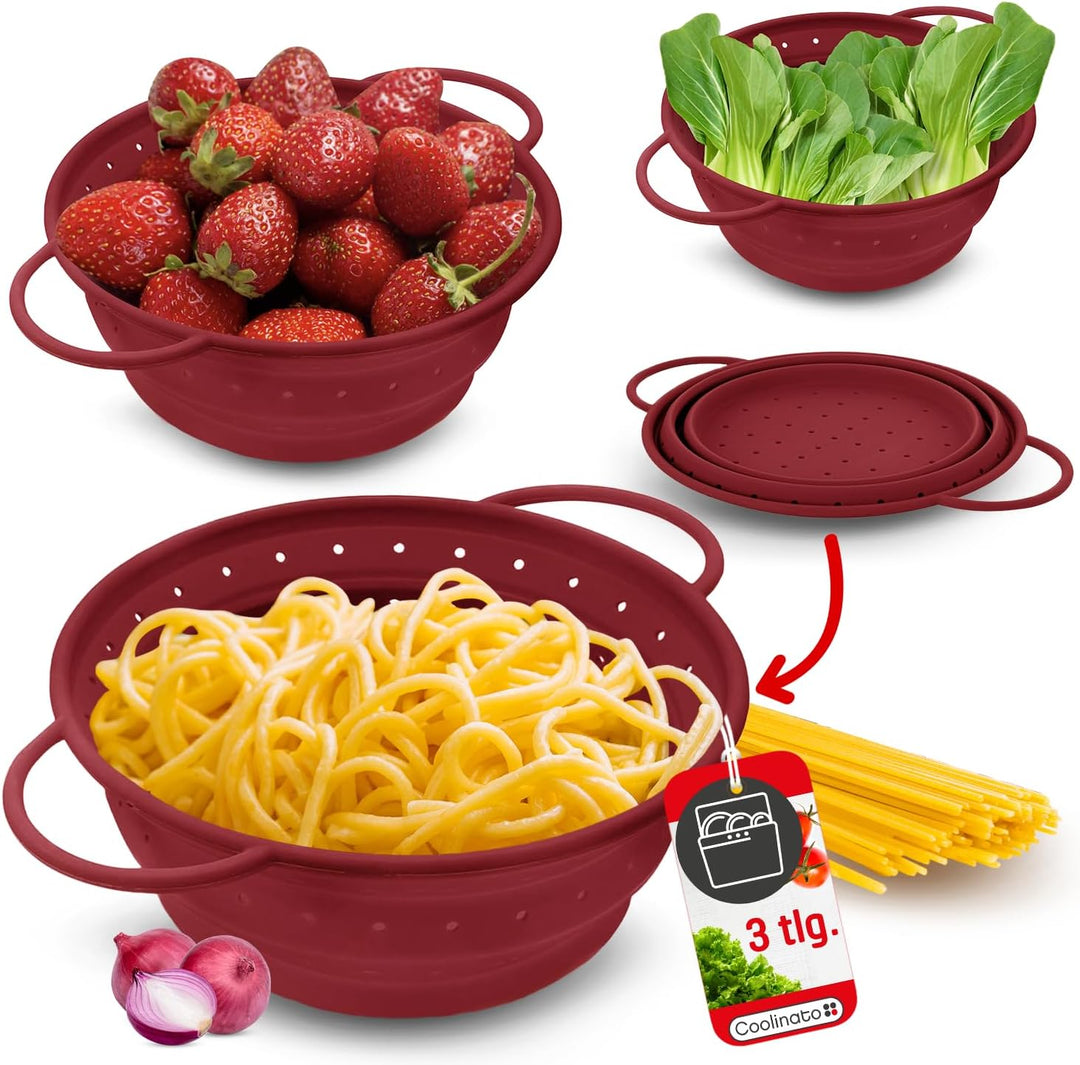 Coolinato Sieb aus Silikon 3er Set, faltbar spülmaschinenfest, Nudelsieb Abtropfsieb Dampfgar Einsat