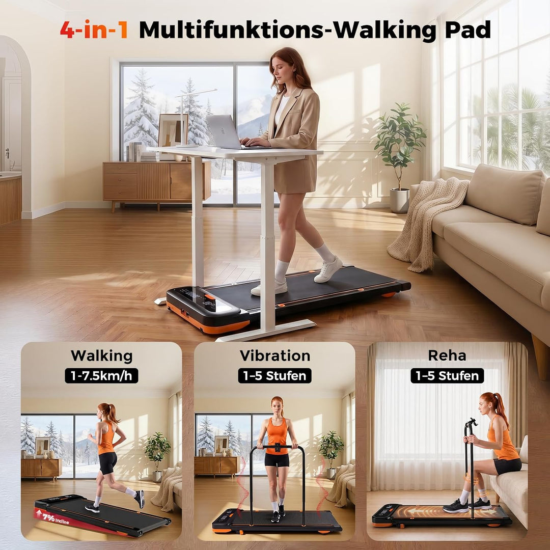 4 in 1 Walking Pad mit 7% Steigung, Laufband für Zuhause mit Vibration & Abnehmbarer Haltestange, le