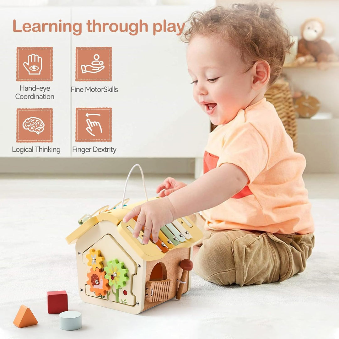 Youuys Montessori Motorikwürfel holzspielzeug Montessori Spielzeug ab 1 Jahr 10 in 1（Beige Haus） Hol