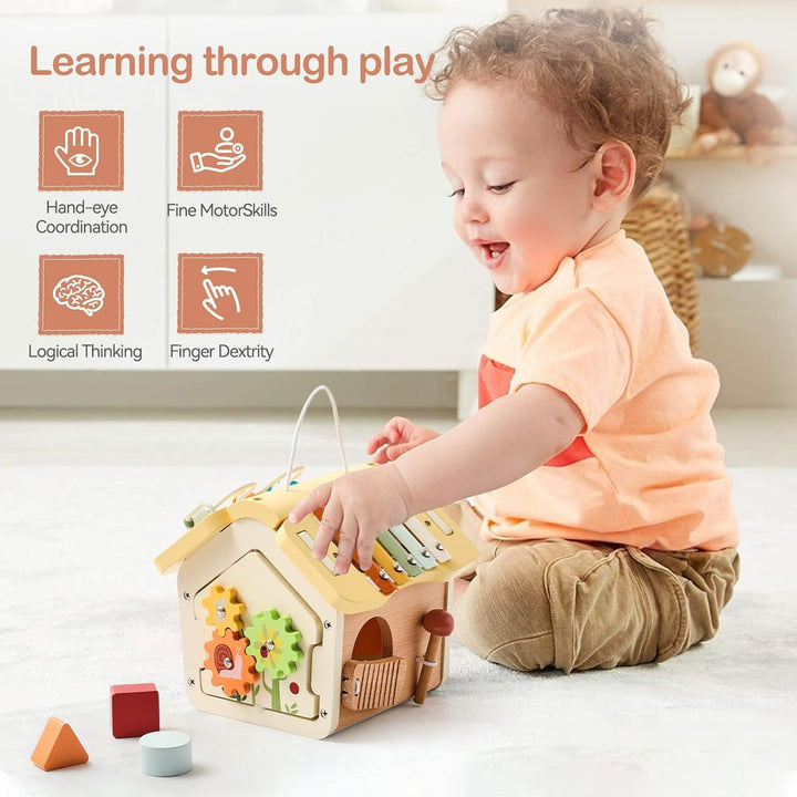 Youuys Montessori Motorikwürfel holzspielzeug Montessori Spielzeug ab 1 Jahr 10 in 1（Beige Haus） Hol