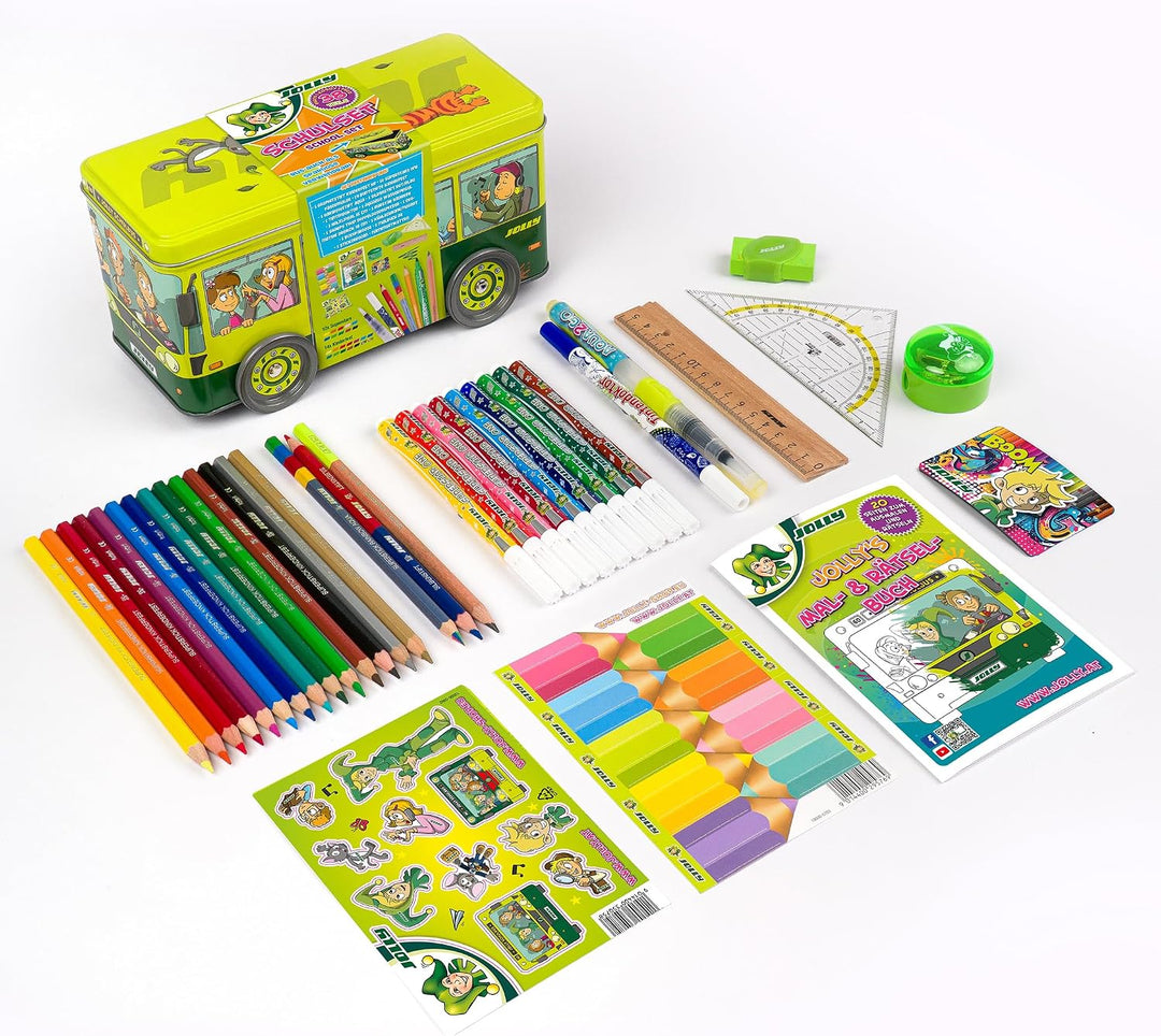 JOLLY Schulbus Schulset, 38-teilig, Buntstifte, Fasermaler, Lineal, Geodreieck, Wasserpinsel, Malbuc