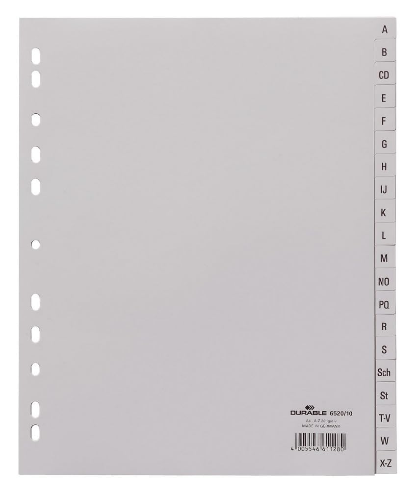 Durable Register mit geprägten Taben A-Z, 20-teilig, Universallochung, überbreit, 20 Stück, grau, 65