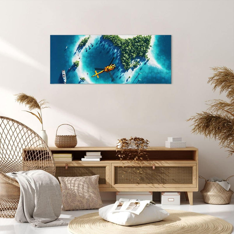 ARTTOR Wandbilder Dekoration Wohnzimmer Hubschrauber Ozean Insel Paradies Bilder auf Leinwand 120x50