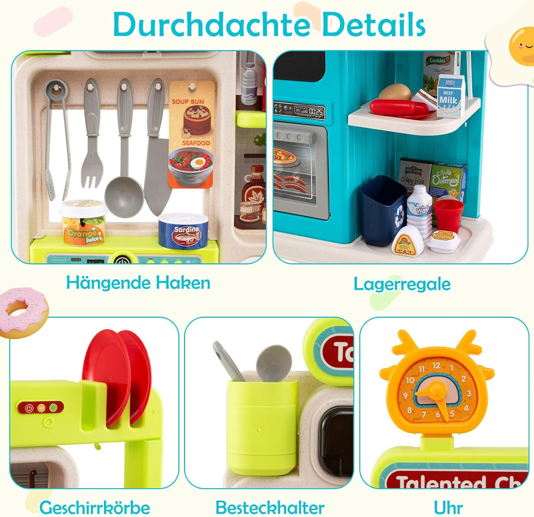 DREAMADE Kinderküche mit 54 TLG. Zubehör, Kinderspielküche mit Spülbecken Wasserhahn Herd Öfen, Spie