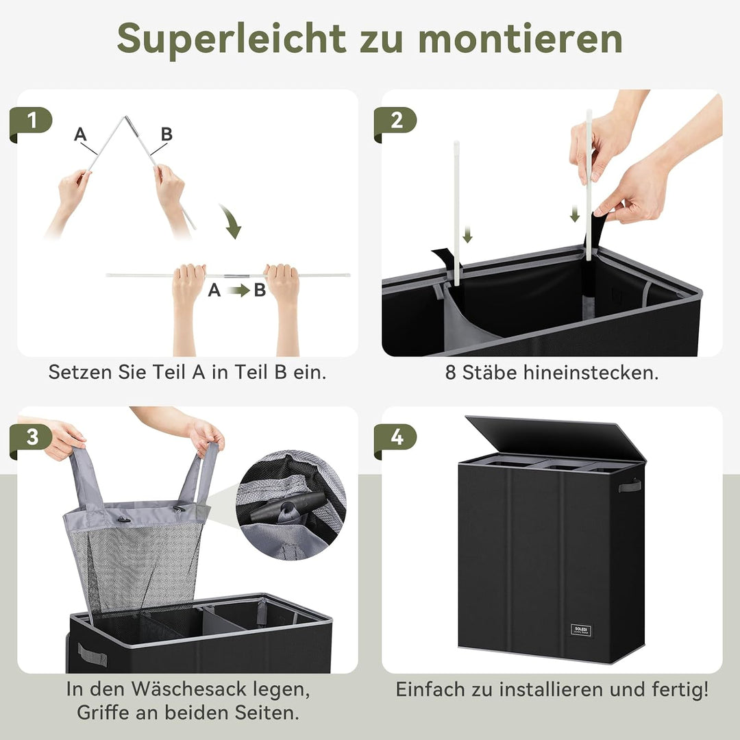 SOLEDI 160L Wäschekorb, Wäschesammler 3 fächer mit Deckel und 3 Wäschesack - Wäschesortierer Gross X