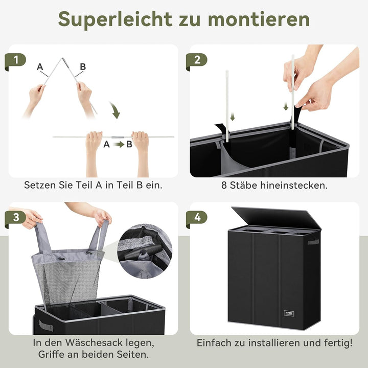 SOLEDI 160L Wäschekorb, Wäschesammler 3 fächer mit Deckel und 3 Wäschesack - Wäschesortierer Gross X