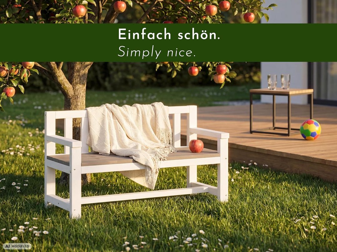 Design Kinder-Gartenbank aus Holz wetterfest mit Textil-Abdeckung und Lehne, 2-Sitzer Kinderbank Hol